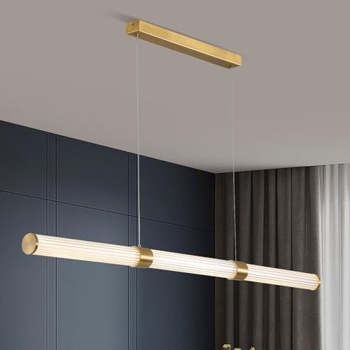 LED Dimmable Pendant Light,Modern Light Luxury Kitchen Island Lights,Linear Chandeliers Height Adjustable Hanging Lamp Fixture Gold Ceiling Lighting For Living Room Dining Room Study Table Bar,L120CM