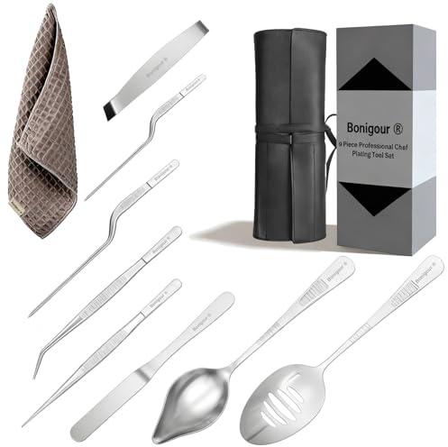 Bonigour Kockpläteringsverktyg, professionell kulinarisk pläteringsverktygsset, rostfritt stål fiskpincett, bakverksspatel, tårtdekorationspincett för molekylär gastronomi (silver)