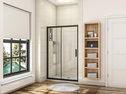 Porte de douche coulissante 160cm avec l'amortisseur en verre anticalcaire, porte de douche en noir mat Hauteur 195cm
