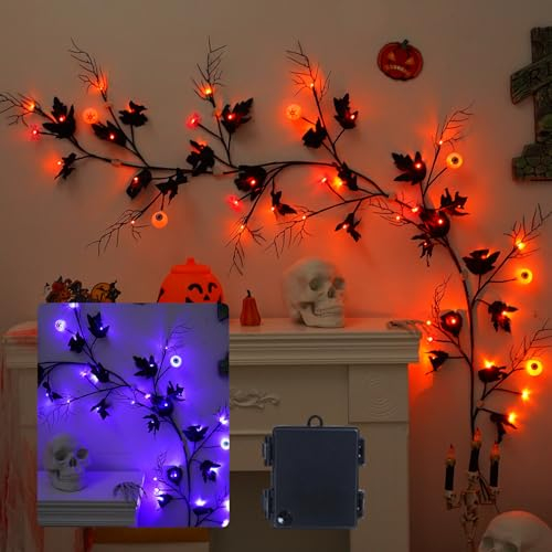 LED Lichterkette für Halloween Dekorationen,6.5Ft 48LEDs Halloween Innen Deko Schwarz Weidenranken Zweige Lichter Batteriebetrieben für Outdoor Indoor Weidenrebe Baum Lichterketten (Augapfel)