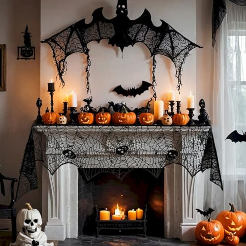 Habbiful Halloween Kaminschal für Tisch Fenster Innen Vorhang Küche Dekoration Schwarze Spitze Spinnennetz Kaminschal Abdeckung für Halloween Kamin Gothic Festival Party Home Dekoration