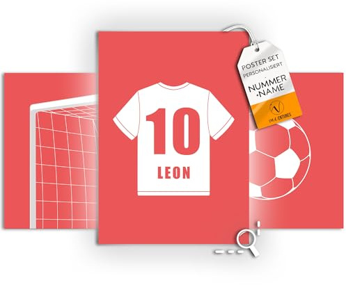 Vacentures Kinderzimmer Fußball Poster Personalisiert I Fussball Bilder Spielfeld für Jungen und Mädchen I 3x Poster DIN A4 - Set (Rot/Weiss, Tor)