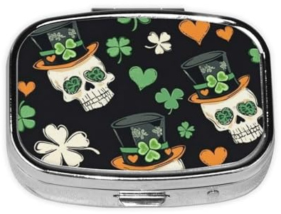 CSIVKEJ Boîte à pilules carrée à 2 compartiments Motif tête de mort Saint Patrick Sac à main Portable Mini voyage Médicament Tablette Tablette Organisateur de vitamines