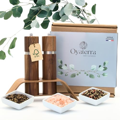 OYATERRA® - Set de moulin à poivre et sel manuel en bois d'acacia, certifié FSC® - ustensile de cuisine en bois durable et sans plastique livré dans sa boite cadeau élégante.