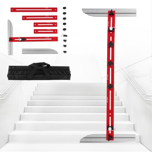 YJINGRUI Upgraded Stair Tread Template Tool, Stair Measuring Ruler with Ladder-edge Locking Design and Sliding Side with Double Scale for Making Stair Treads, Flooring, Cupboards, Bookshelves