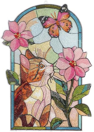 Ideen mit Herz Diamond-Painting-fönsterbild | Glaskonstutseende | dekoration och gör-det-själv | material: PET (katt med blomma)