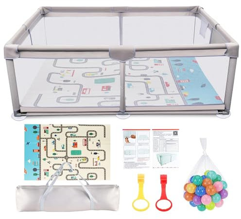Laufstall Baby mit Faltbar Spielmatte, 180x200 cm, Laufgitter Baby 300D Oxford Gewebe, Große Sicherheitsspielplatz, Innen&Außen Laufstall, für Krabbeln & Spielen