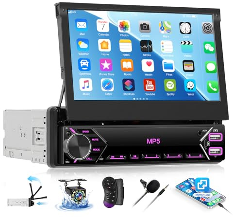 SIXTOP 1 din Autoradio mit 7 Zoll versenkbarem Bildschirm, Single Din Radio Autoradio mit Wired Mirrorlink，Bluetooth Freisprecheinrichtung FM Type-C 2USB AUX EQ MIC SWC+Rückfahrkamera