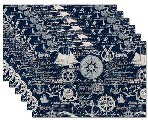 Navy Blue Anchor Placemats Set of 6,Table Mats Non-Slip Heat Resistant Washable Placemat for Party Kitchen Dining Table Decoration Indoor Outdoor