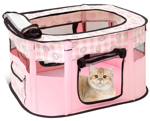 Tragbarer Haustierstall 70×55×40cm Laufstall Hund mit Aufbewahrungstasche Faltbar Wasserdichtem Oxford Laufstall Katze Geeignet für Kleine Hunde Katzen Kaninchen und Kleintiere (Rosa)
