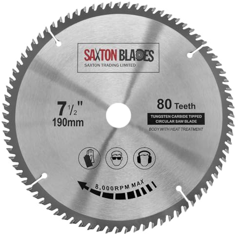 Saxton TCT19080T20B - Lama per sega circolare TCT per legno, 190 mm x 20 mm foro x 80 denti, compatibile con Bosch Makita DeWalt