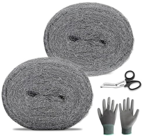 Guoxintech Steel Wire Wool Mice, 0000 Steel Coarse Wire Wool Gaps Blocker with Work Gloves and Scissors, Wire Rodent Control DIY Fill Holes Fabric Kit (2 Pack x 3m)