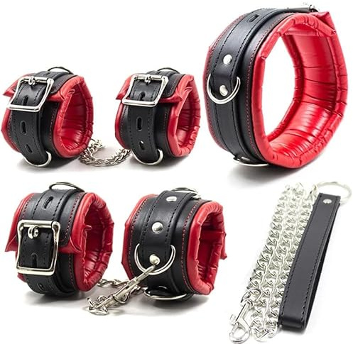 Leder Bondage Handschellen Fußbündeln Halsbänder Bondage Set Erwachsener BDSM Sexspielzeug für Damen Männer (Rot schwarz, Bondage Set)