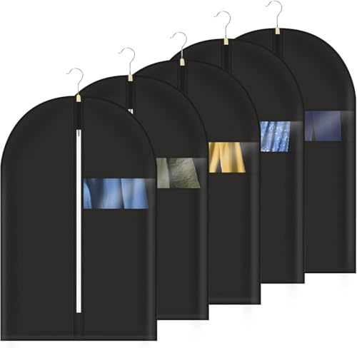40 Garment Bag, Set of 5 Garment Bags for Hanging Clothes, Suit Garment Bag for Men, Suit Cover Bags with Clear Window for Storage Shirt, Jacket, Coat, Sweater, 5 Pack (Black)