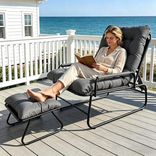 OVLRIJP Loungesessel Outdoor, Balkonsessel Liegestuhl Gartenliege, Relaxsessel Garten mit Hocker, Auflage Abnehmbar, 5-Positionen Liegefunktion, Relaxliege für Garten, Terrasse, Balkon, Grau