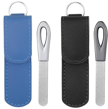 2 Pack Metal Nail File with Case, 3.6 in Travel Keychain Diamond Nail File for Natural Nails, Metal Diamond Double Sided Grit Nail Toenail Files with Leather Cases for Women Men
