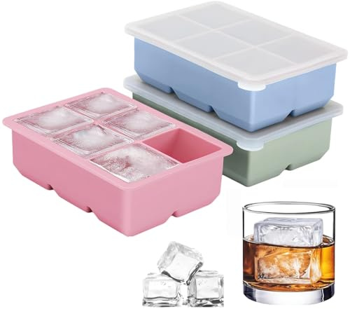 3 Pack Large Silicone Ice Cube Trays, 18 Cubes Ice Cube Trays with Lid | Big Square Ice Cube Tray Stackable Ice Trays for Freezer BPA Free for Whiskey, Cocktail, Drinks, Souper (Blue, Pink, Green)