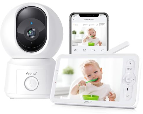 ARENTI Baby Monitor Video e Audio 5'',Telecamera Bambini con Monitor,Rilevamento di Rumore/Movimento/Zone Pericolose,Monitoraggio Temperatura, Audio Bidirezionale,Compatibile con Alexa