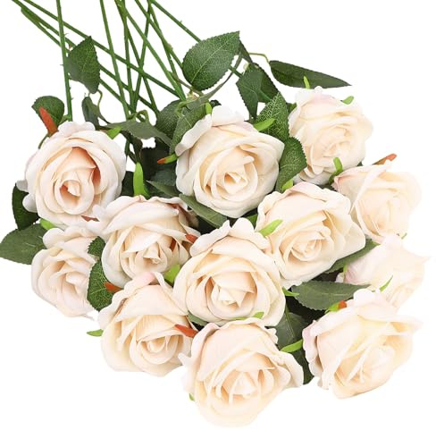Yuqinlin 12 Stück Künstliche Rosen Mit Langstielige Blumen Schaumrosen, Gefälschte Kunstrose Rose Künstliche für Büro Party Desktop Blumenarrangement Home Küche Dekoration(Sekt)