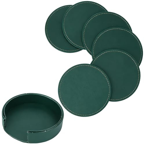CALFOVERA 6 Posavasos Redondos de Cuero Sintético de 10cm para Bebidas, Protección contra Derrames, Almohadillas de Aislamiento Térmico Antideslizantes Hechas A Mano con Base para Vasos de Vidrio