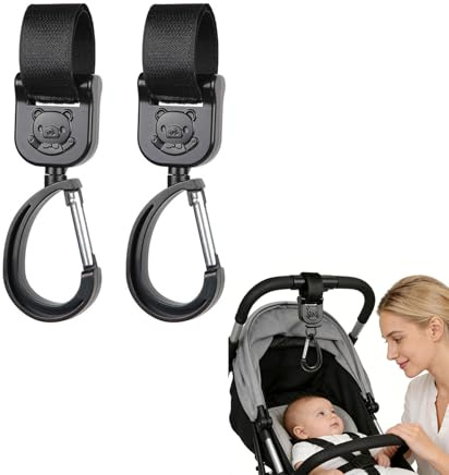 UZYXC Set 2 Ganci Universali Per Passeggino In Nero Con Motivo Orsetto, Ganci Per Borsa Passeggino, Pratici Per Appendere Borse E Organizer, Accessorio Carino E Funzionale.