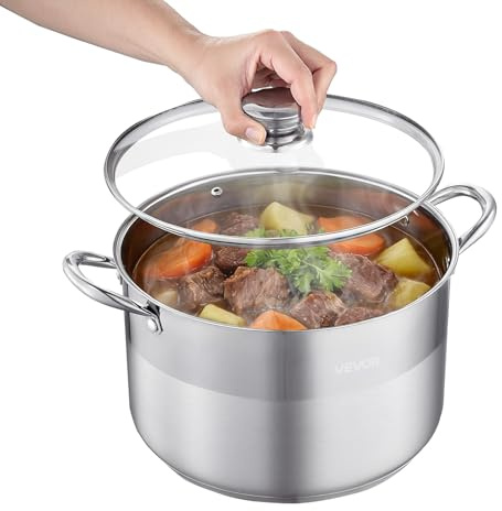 VEVOR Olla de Acero Inoxidable Capacidad de 11,4 L, Olla con Tapa de Vidrio y Asas Diametro de 28 cm, Ligero para Transportar, con Base de 5 Capas, Grande y Resistente, Ideal para Sopas, Guisos