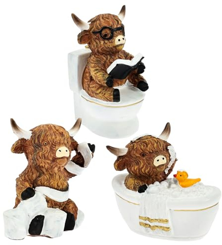 3Pcs Highland Cow Bathroom Decor, Quirky Resin Cow Figurine with Bathtub Toilet and Tissue, Rustic Farmhouse Ornament for Shelves Windowsill or En-suite, Unique Home Accessory(Brown)