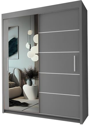 LYON Modern Bedroom Mirror sliding door wardrobe with 2 LED Light Width 150cm/180cm/203cm (180cm, Grey)