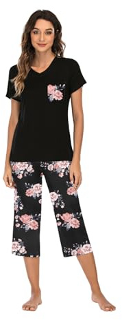Famulily Damen Schlafanzug Kurz Sommer Pyjama Set Dreiviertel Damen Baumwolle Hausanzug Kurzarm Top Und Hose,Schwarz,XL
