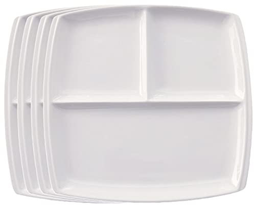 Sizikato Uppsättning av 4 vita middagstallrikar i porslin, 25 cm delad tallrik lunchtallrik