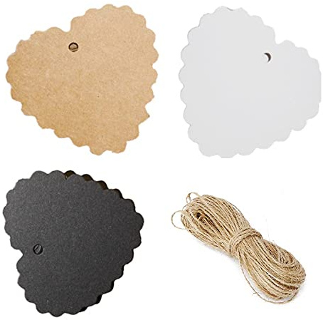 CHSYOO 300x Kraftpapieranhänger, braune, weiße und schwarze Geschenkanhänger, 6,5X6CM Herz-Lesezeichen-Karte und 10M natürliches Juteseil für Hochzeit, Weihnachten, Party-DIY-Dekoration