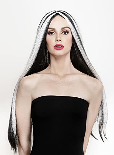 Carnavalife Halloween-Vampir-Perücke für Damen, langes und glattes Haar, Cosplay, hitzebeständige Kunstfaser, Schwarz / Weiß