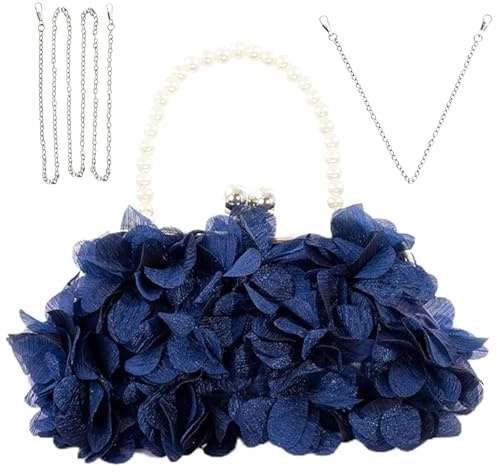 JAMBHALA Bolso de noche para mujer, pequeño bolso floral con cadena para boda, fiesta, baile de graduación, Azul marino