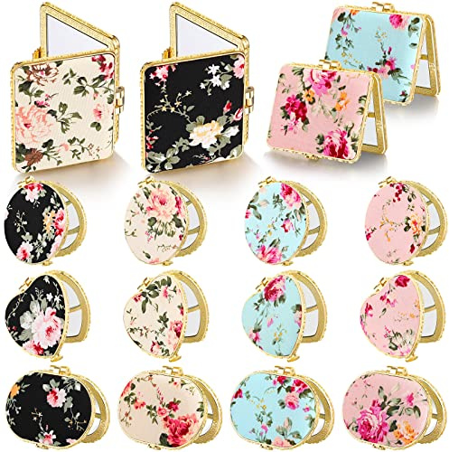 Blulu 16 Pcs Compact Mirrors for Purse Bulk Floral Gifts, Gold Edge