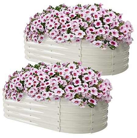 Sundale Outdoor 2 Pack Galvanized Raised Garden Bed Kit, 4x2x1ft Planter Raised Garden Boxes Outdoor with Anti-Rust Paint, Oval Metal Planter Box for Vegetables Flower（Beige）