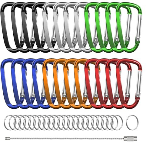 XIECHANEE 2.4 24pcs Small Carabiner Clip Keychain, Aluminum D Ring Shape Clips with Keyring Keychain Hook