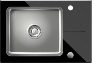 VBChome Évier de cuisine en verre noir 64 x 44 cm - Plateau en verre - En acier - Rectangulaire - Siphon encastré - Moucheté - Grand bassin profond - Évier en verre noir