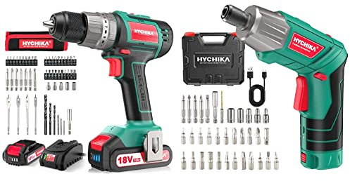 Perceuse Visseuse Sans Fil 60Nm, HYCHIKA 18V Professional Perceuse Percussion Sans Balais avec 2 Batteries & Visseuse Sans Fil 6Nm, HYCHIKA Visseuse Devisseuse sans Fil 2.0Ah 3.6V avec 36 accessoires