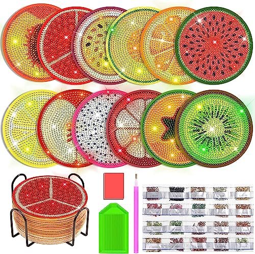 WOOLUCK® 12 Stück Diamond Painting Untersetzer mit Halter,Diamond painting erwachsene,Diamond painting untersetzer set fur Tassen,Vasen, Kerzen Dekoratio (Obst-Stil)