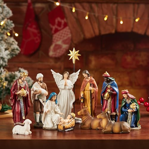 BESBLEE Nativity Sets for Christmas Indoor Set of 13 Pieces 5.9 Inches Tabletop Classic Nativity Scene Resin Figurines Set Religious Decorations Collection Gifts fot All Holidays Home Decor