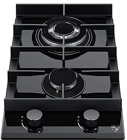 K&H Domino Glas Gaskochfeld 30cm [2 ZONEN] - Gasherdplatte Erdgas - Wok Brenner - Thermoelement Flammenaustrittssystem - 2Z-MKG-W - Gasbetrieben - Gehärtetes Sicherheitsglas - Abschaltautomatik