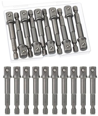 Bates- Impact Adapter Square Socket Set, 10 pcs, 3/8 Square Tip, Drill Socket Adapter Set, Hex Impact Socket Adapter Set, Socket Adapter for Drill, 1/4 Hex Shank Impact Driver Socket Adapter