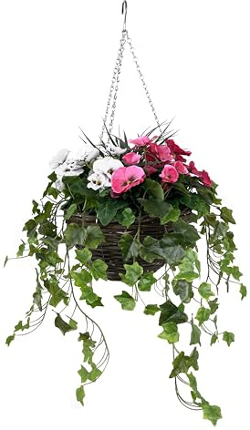 GreenBrokers Panier Suspendu Artificiel avec Fausses pensées Roses et Blanches, 30 cm, Lierre Rampant et Herbes décoratives (Anti UV)