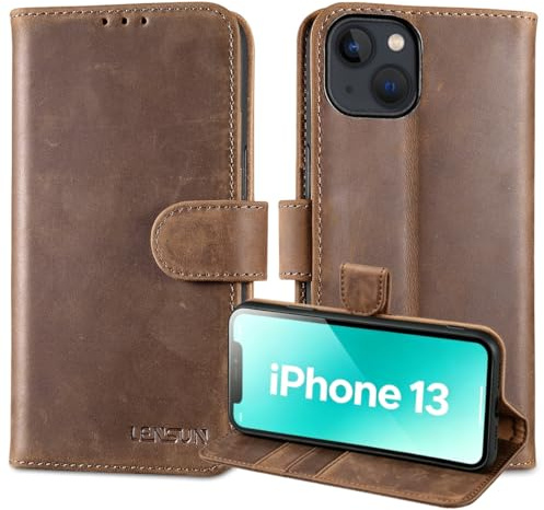 Lensun Fodral för iPhone 13 i Premium äkta läder, plånboksfodral med RFID-blockering och magnetstängning – Mörkbrun retro
