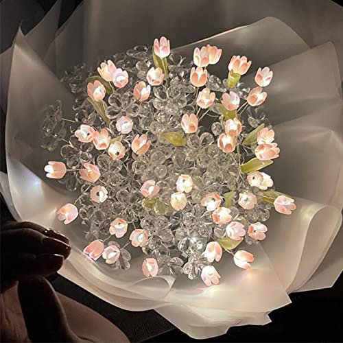 ZPSHYD Tulpen Künstliche Blumen Tulpe Leuchtender Blumenstrauß mit Lichtstreifen DIY Handwerk Künstliche Blumen für Freundin Mama 52 Blumen