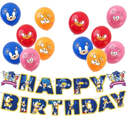 Sonic Birthday Decorations Cartoon Sonic Party Pack with 1pcs Happy Birthday Sonics Banner and 12pcs 12inch Balloons for Kids Girls Boys So-nic Decorations,So-nic Party Supplies