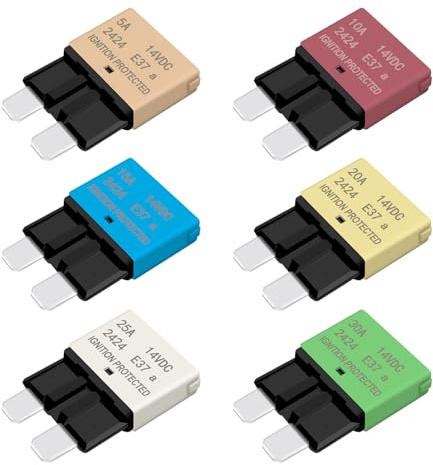 AUTO Reset Fuse Car Standard Blade Fuse Kit 5A 10A 15A 20A 25A 30A ATC/ATO Circuit Breaker for Trolling Motor Truck RV Marine Boat Audio Battery Protection - 14VDC E37 Low Profile Auto Reset Fuses Kit