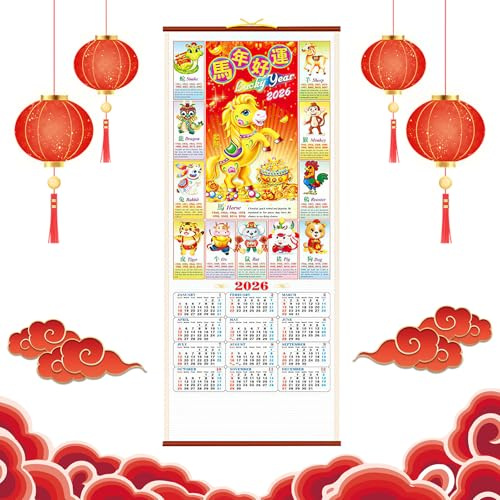 Chinese New Year Calendar Scroll 2026 Year of Horse Wall Calendars 馬年好運 Chinese Lunar Calendar Zodiac Animals Monthly Hanging Calendars Home Decor for Daily Weekly Planner Scheduler Home Office