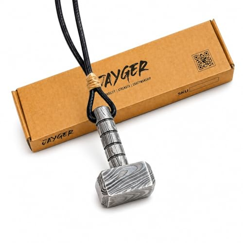 Jayger Hand Forged Damascus Steel Thor Mjolnir Necklace – Viking Pendant with Leather Cord – Mens Jewellery, Viking Gifts, Thor’s Hammer for Men & Boys
