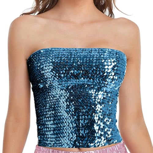 Top brillante para mujer con lentejuelas plateadas, parte superior con purpurina, para carnaval, concierto, elegante, sin mangas, túnica, fiesta, elástico, brillante, azul claro, Talla única